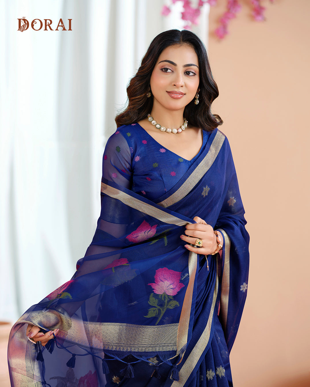 Rich  Blue Zari Jamdani Muga-Cotton Saree – Woven Floral Motifs and Oragana Pallu