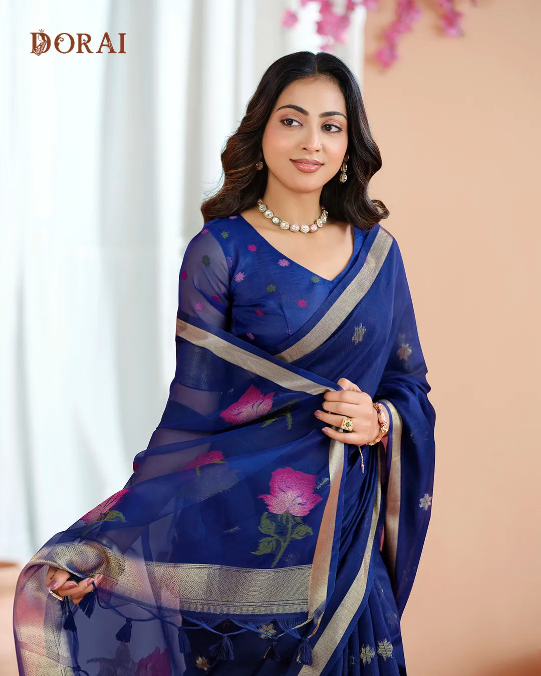 Navy Blue Muga Cotton Saree with Floral Organza Pallu and Rose Print