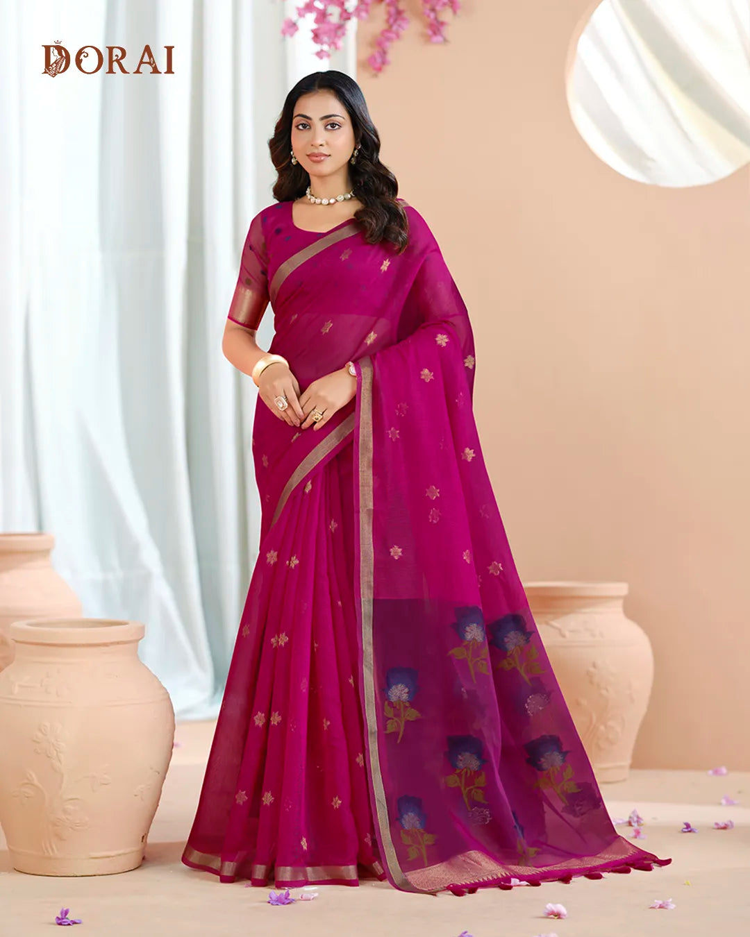 Cherry Bloom – Rani Muga Cotton Saree with Rose Charm