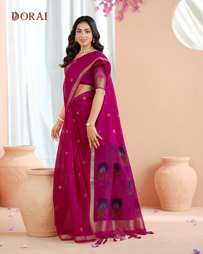 Deep Magenta Jamdani Muga-Cotton Saree – Woven Floral Buttis and Oragana Pallu