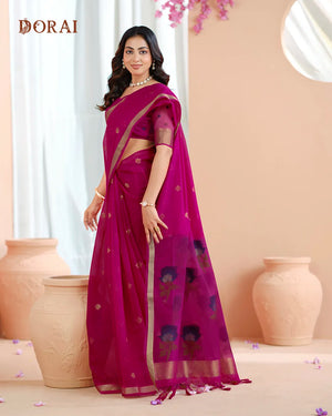 Cherry Bloom – Rani Muga Cotton Saree with Rose Charm