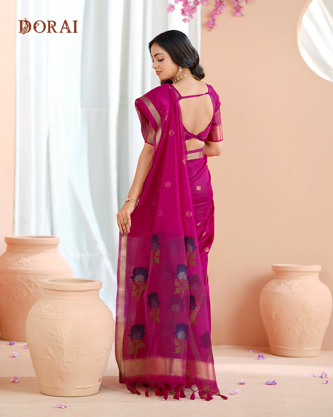 Deep Magenta Jamdani Muga-Cotton Saree – Woven Floral Buttis and Oragana Pallu