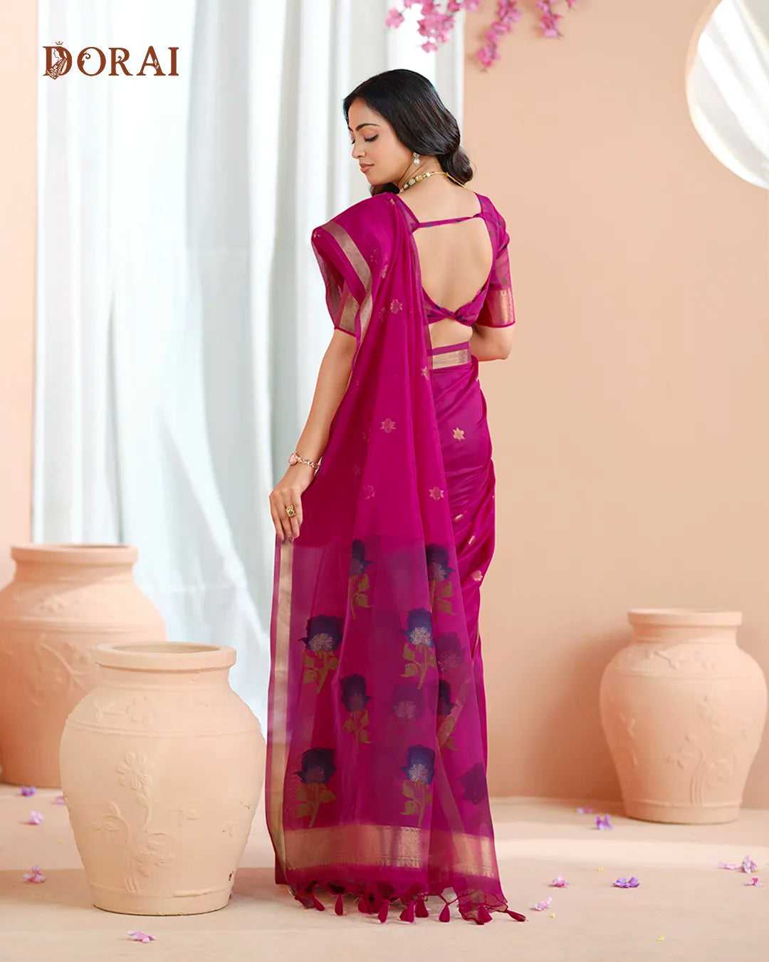 Cherry Bloom – Rani Muga Cotton Saree with Rose Charm