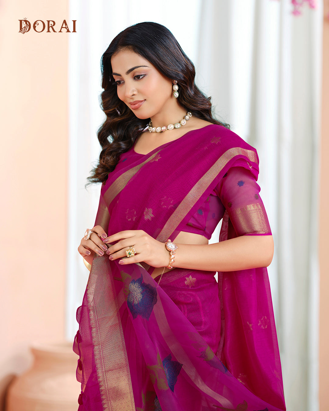 Deep Magenta Jamdani Muga-Cotton Saree – Woven Floral Buttis and Oragana Pallu