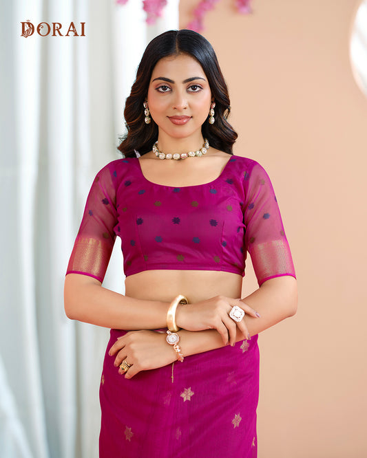 Deep Magenta Jamdani Muga-Cotton Saree – Woven Floral Buttis and Oragana Pallu