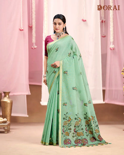 Blush Romance – Pink Muga Cotton Saree with Heritage Artistry