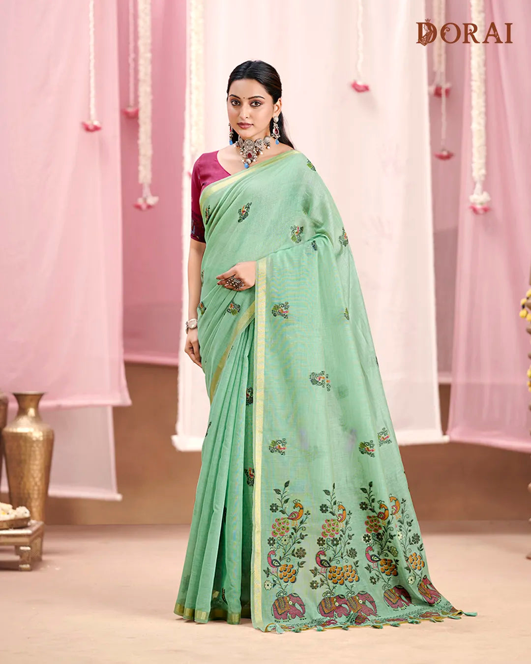 Yellow Muga Cotton Saree with Peacock and Elephant Pallu