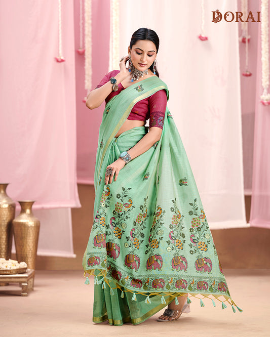 Vivid Magenta Jamdani Muga Cotton Saree | Woven Peacock Motifs