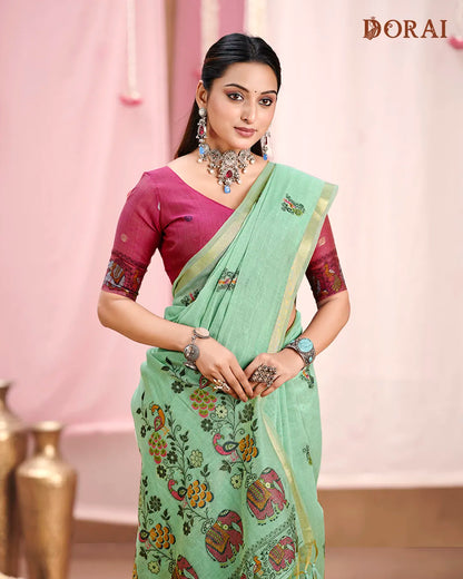 Vivid Magenta Jamdani Muga Cotton Saree | Woven Peacock Motifs