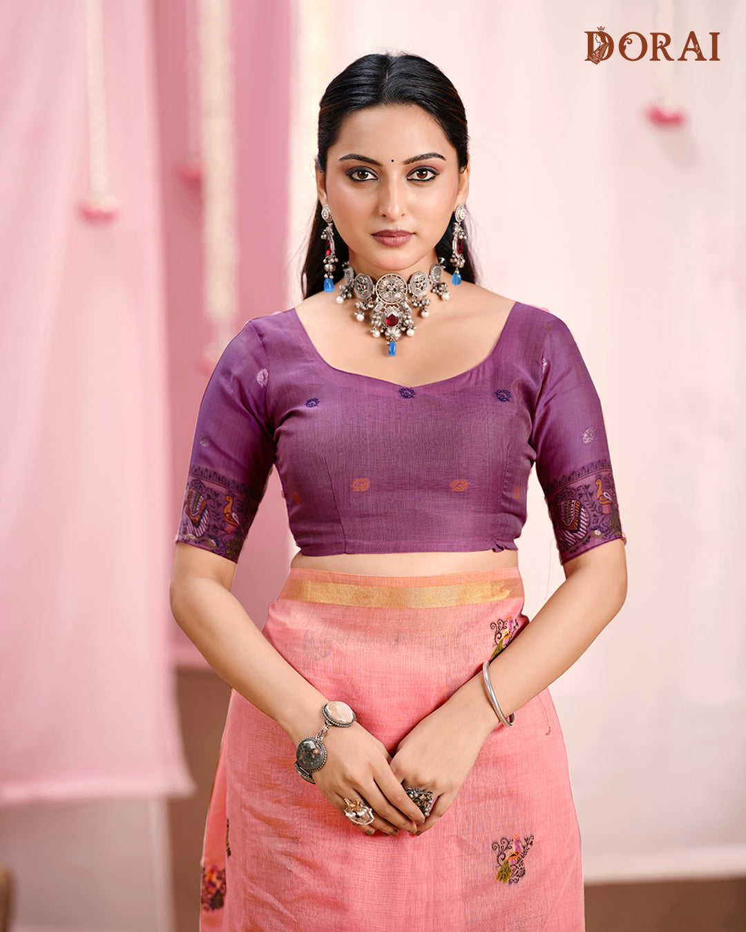 Dusty Rose Jamdani Muga Cotton Saree – Handloom Woven Motifs