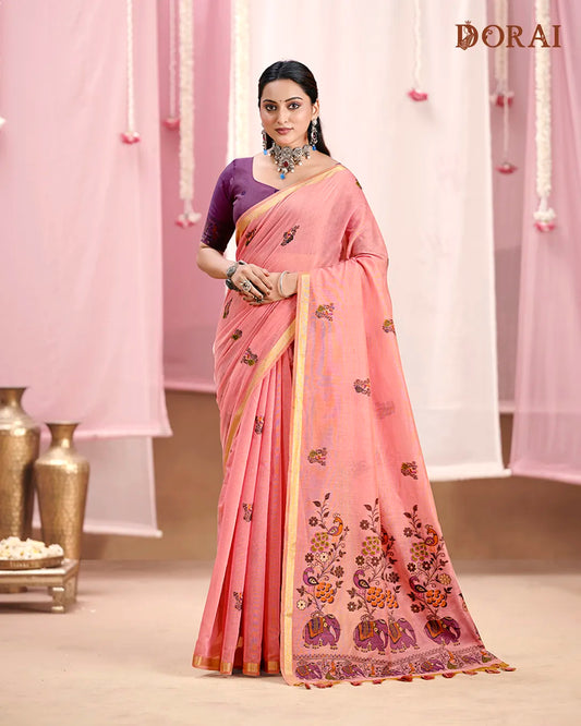 Blush Romance – Pink Muga Cotton Saree with Heritage Artistry