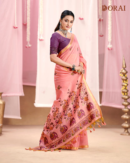 Dusty Rose Jamdani Muga Cotton Saree – Handloom Woven Motifs