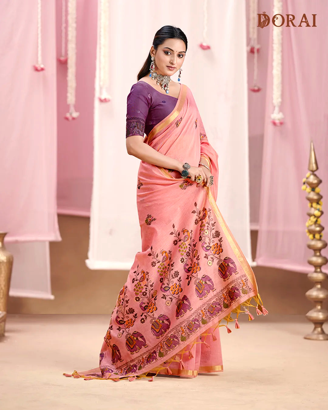 Blush Romance – Pink Muga Cotton Saree with Heritage Artistry