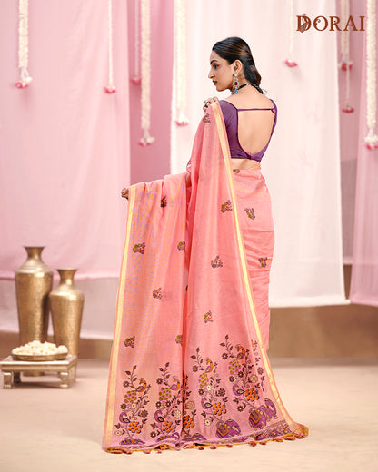 Dusty Rose Jamdani Muga Cotton Saree – Handloom Woven Motifs