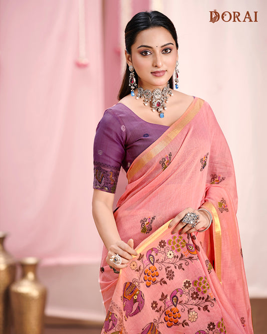 Dusty Rose Jamdani Muga Cotton Saree – Handloom Woven Motifs
