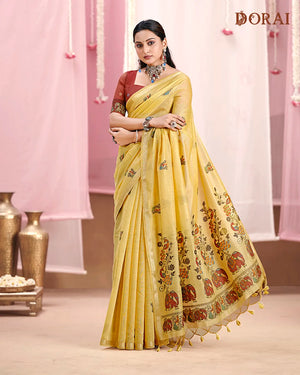 Yellow Muga Cotton Saree with Peacock and Elephant Pallu