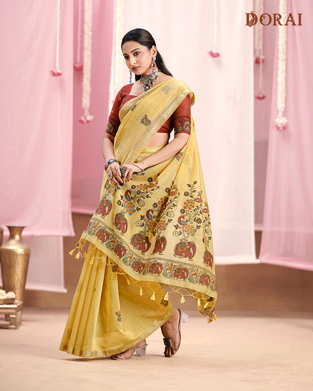 Mustard Yellow Jamdani Muga Cotton Saree | Traditional Ethnic Motifs
