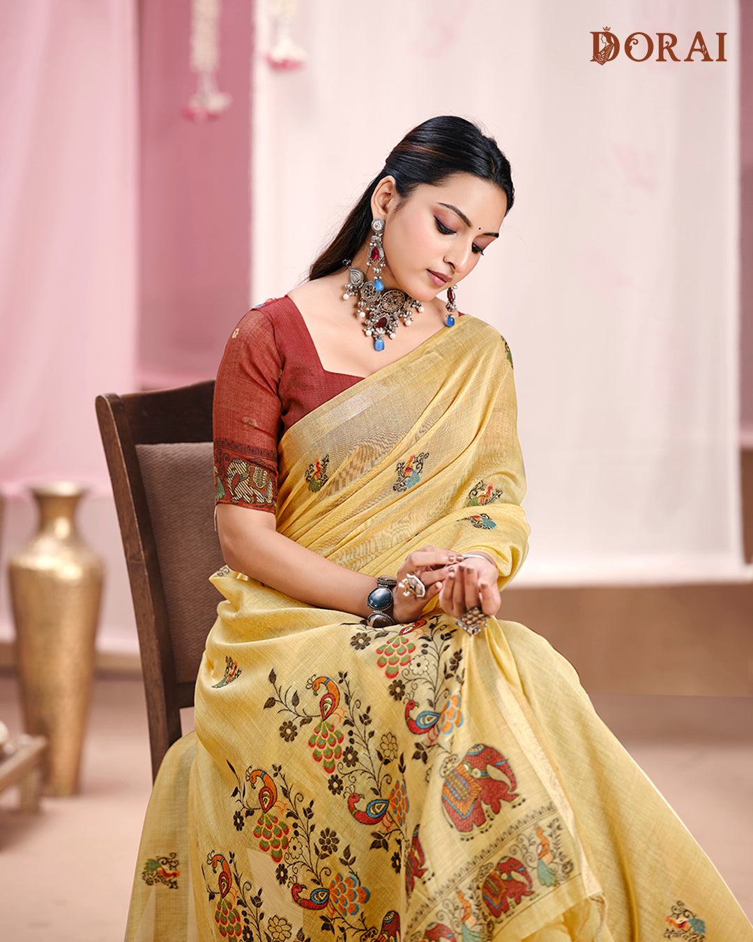 Mustard Yellow Jamdani Muga Cotton Saree | Traditional Ethnic Motifs