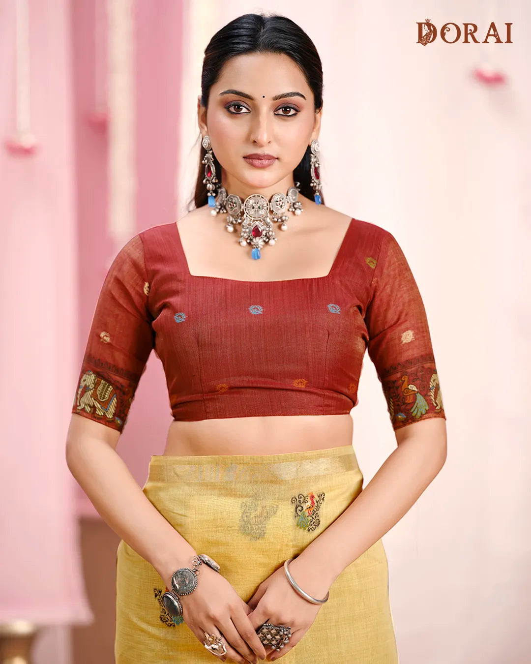 Yellow Muga Cotton Saree with Peacock and Elephant Pallu