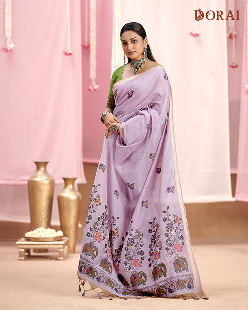 Lavender Jamdani Muga Cotton Saree – Woven Floral Motifs