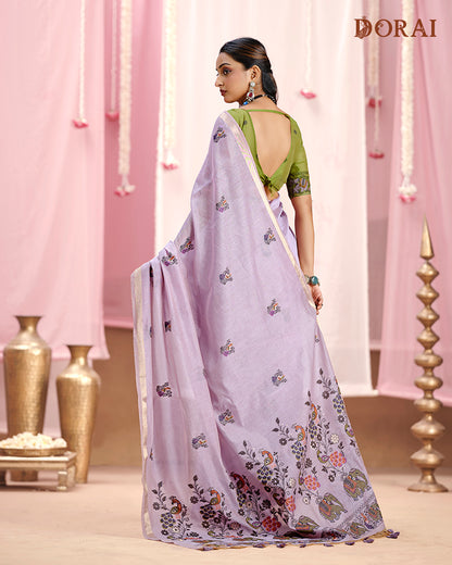 Lavender Jamdani Muga Cotton Saree – Woven Floral Motifs