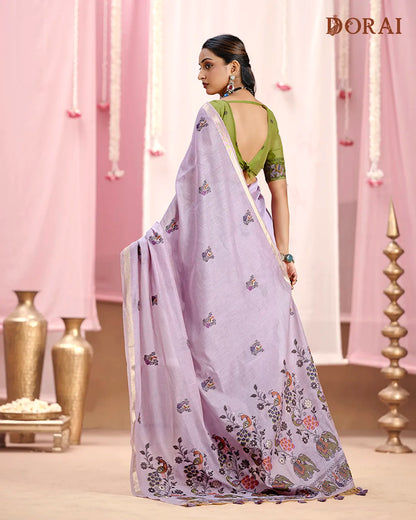 Amethyst Charm – Lavender Muga Cotton Saree with Heritage Artistry