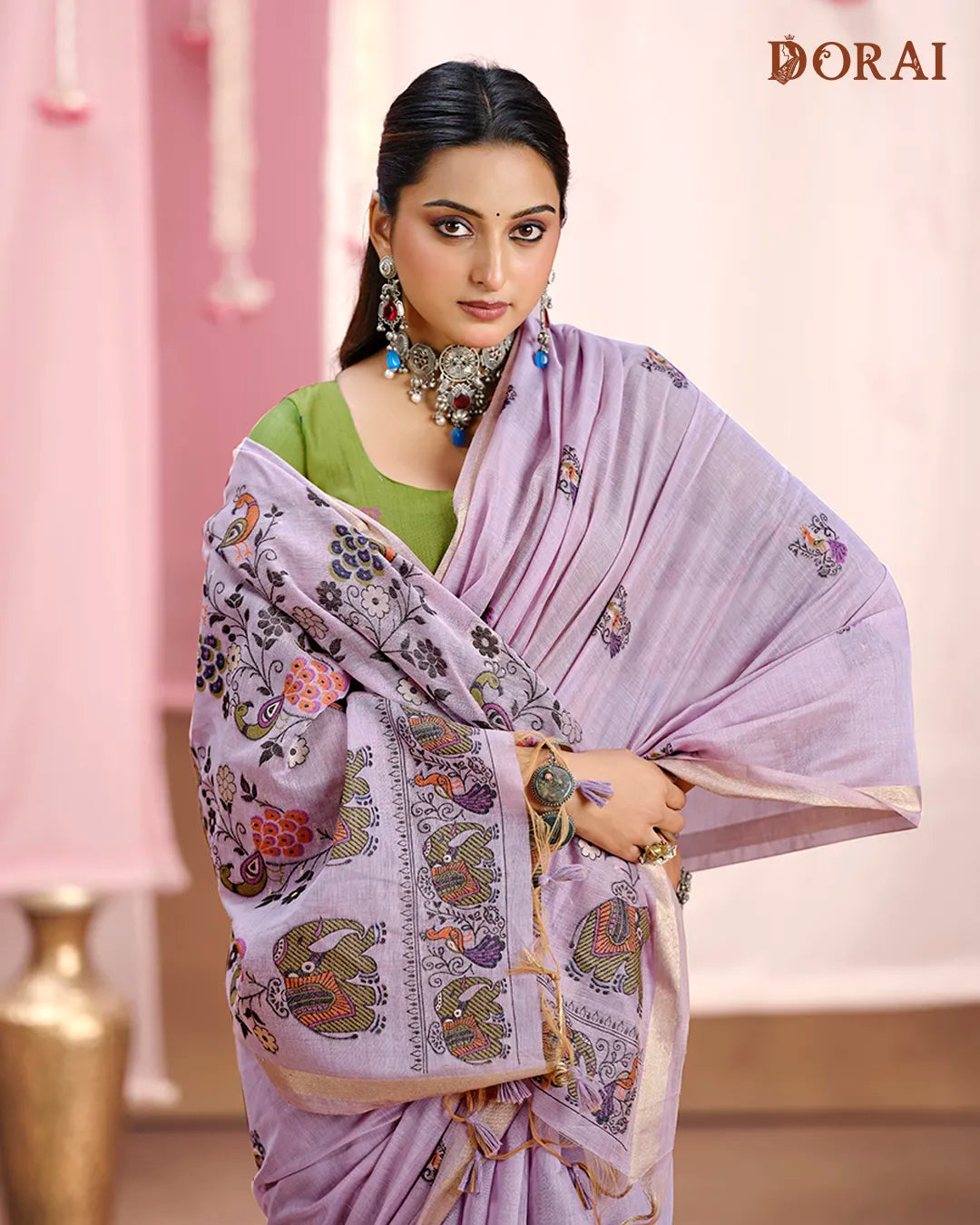 Amethyst Charm – Lavender Muga Cotton Saree with Heritage Artistry