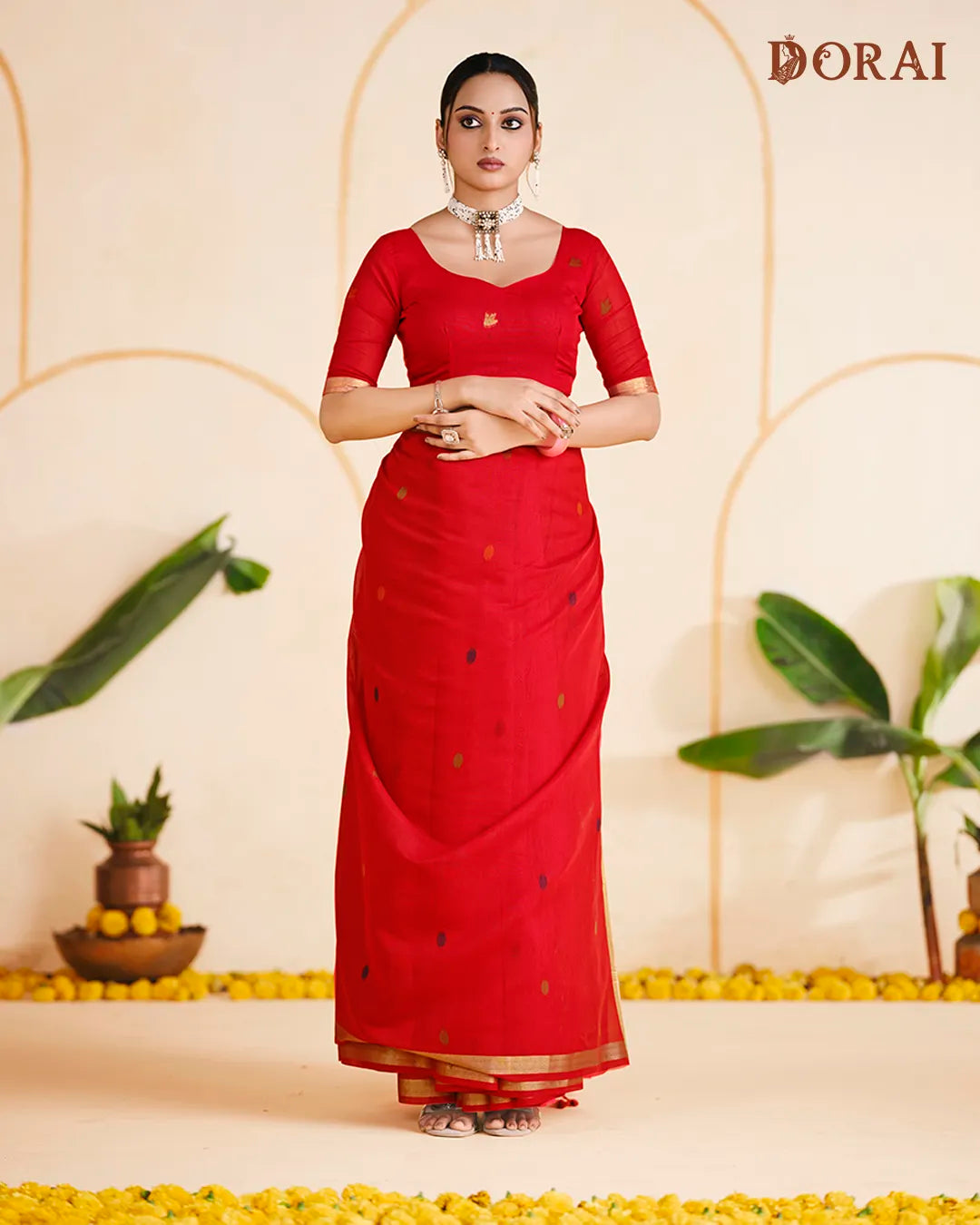 Crimson Radiance – Red Muga Cotton Saree with Organza Elegance