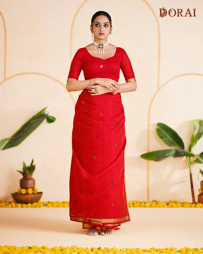 Crimson Radiance – Red Muga Cotton Saree with Organza Elegance