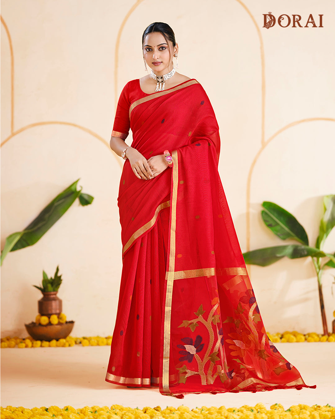 Deep Scarlet Zari Jamdani Muga Cotton Saree | Floral Woven Oragana Pallu