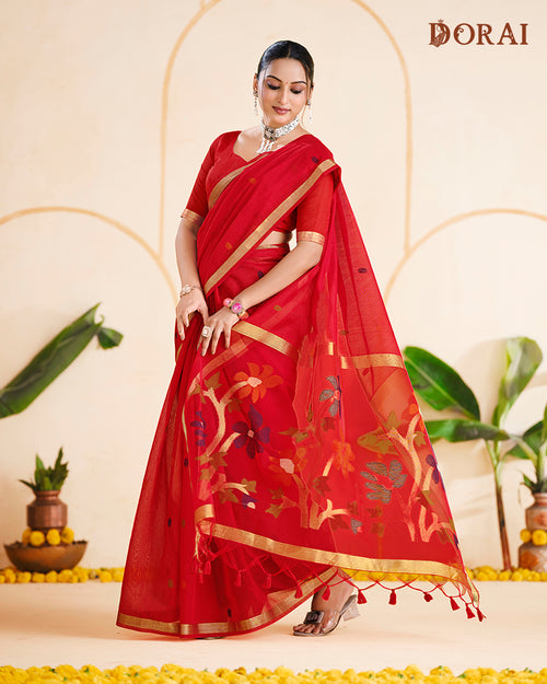 Deep Scarlet Zari Jamdani Muga Cotton Saree | Floral Woven Oragana Pallu