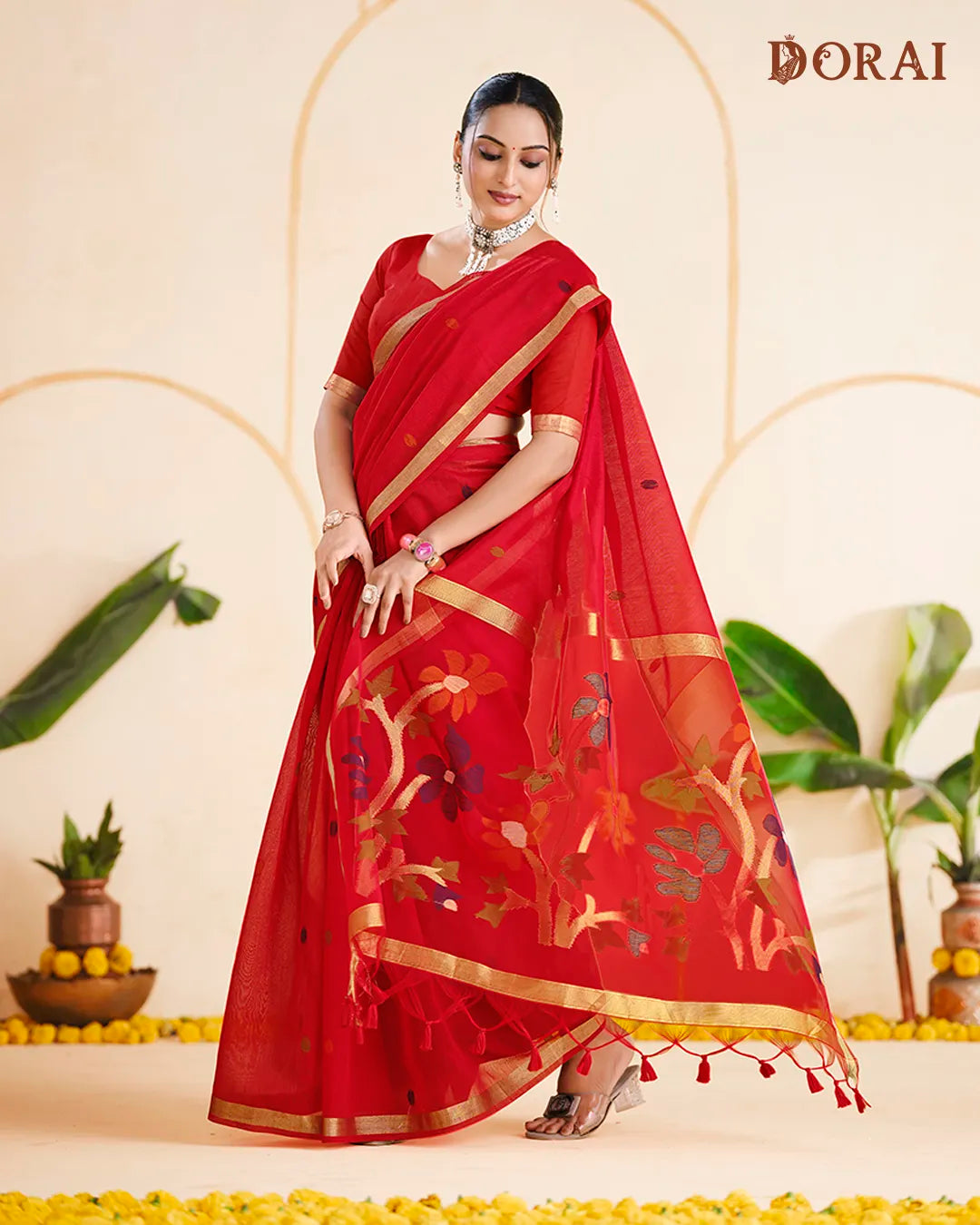 Crimson Radiance – Red Muga Cotton Saree with Organza Elegance