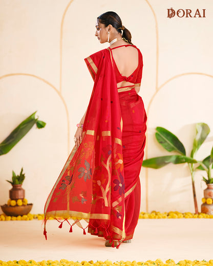 Deep Scarlet Zari Jamdani Muga Cotton Saree | Floral Woven Oragana Pallu