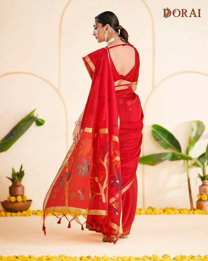 Crimson Radiance – Red Muga Cotton Saree with Organza Elegance