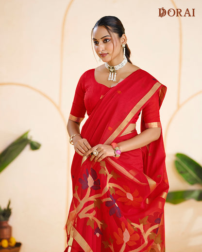 Deep Scarlet Zari Jamdani Muga Cotton Saree | Floral Woven Oragana Pallu