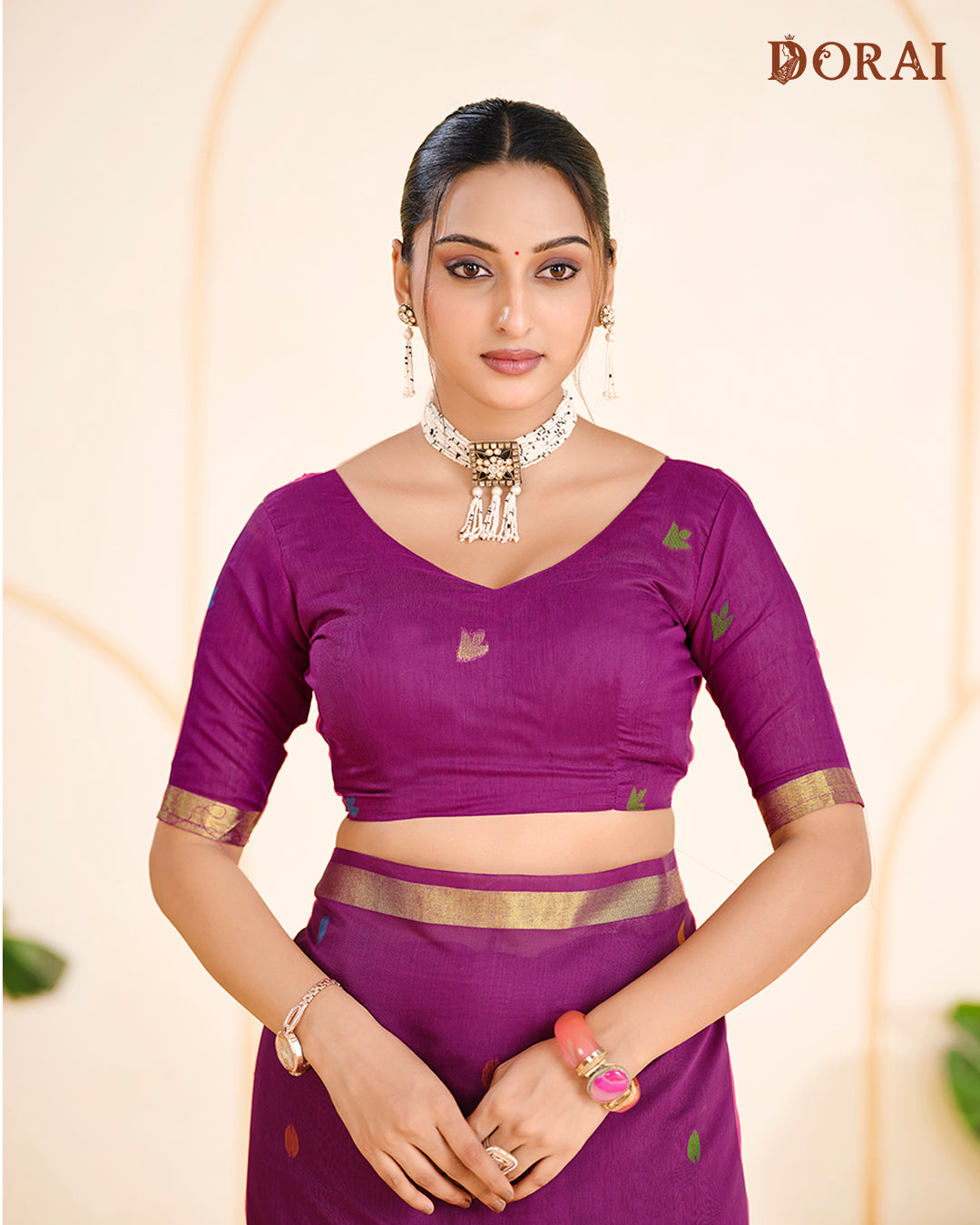 Deep Plum Zari Jamdani Muga Cotton Saree | Colourful Woven Motifs and Oragana Pallu