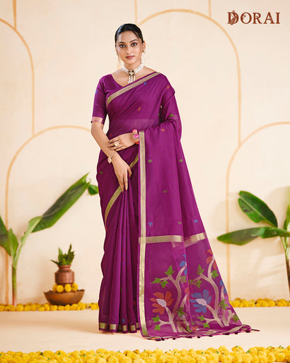 Deep Plum Zari Jamdani Muga Cotton Saree | Colourful Woven Motifs and Oragana Pallu