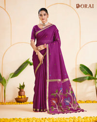 Wine Bliss – Wine Muga Cotton Saree with Organza Elegance