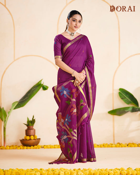 Deep Plum Zari Jamdani Muga Cotton Saree | Colourful Woven Motifs and Oragana Pallu