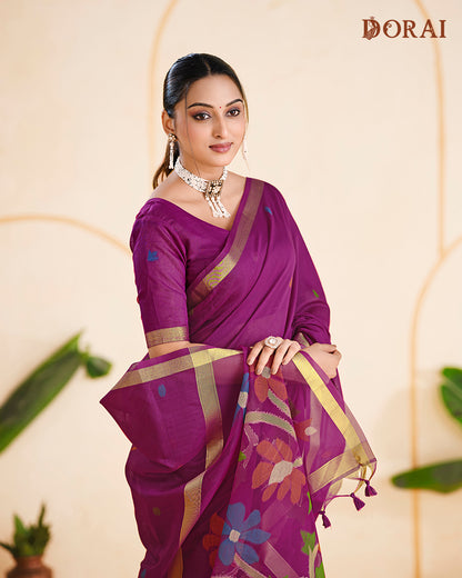 Deep Plum Zari Jamdani Muga Cotton Saree | Colourful Woven Motifs and Oragana Pallu