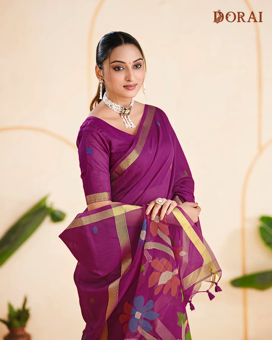 Wine Bliss – Wine Muga Cotton Saree with Organza Elegance