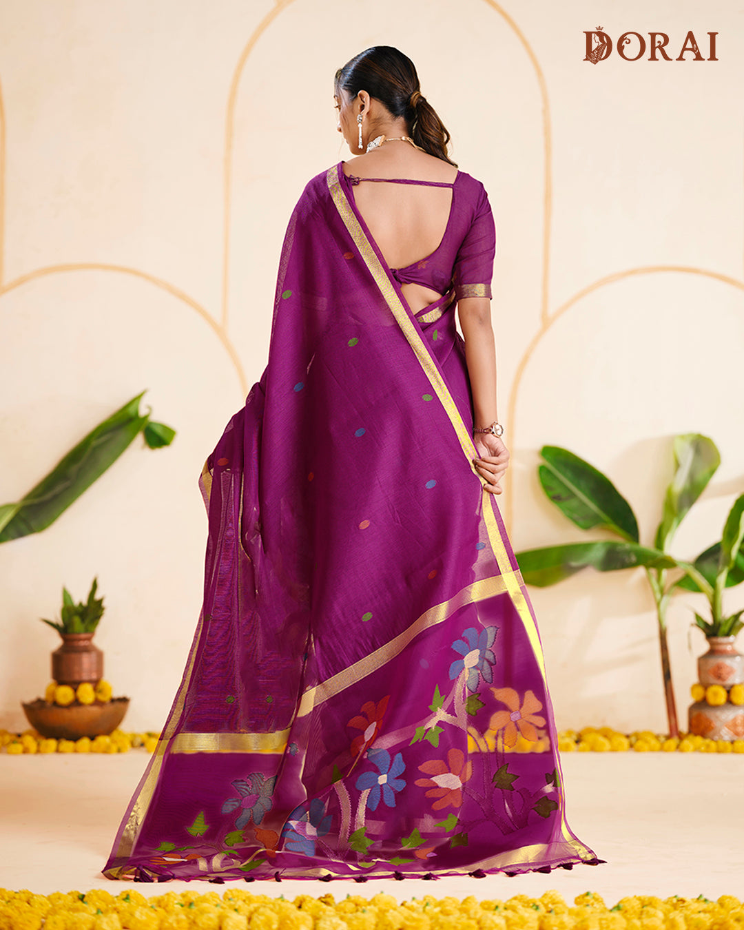 Deep Plum Zari Jamdani Muga Cotton Saree | Colourful Woven Motifs and Oragana Pallu