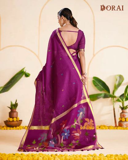 Wine Bliss – Wine Muga Cotton Saree with Organza Elegance