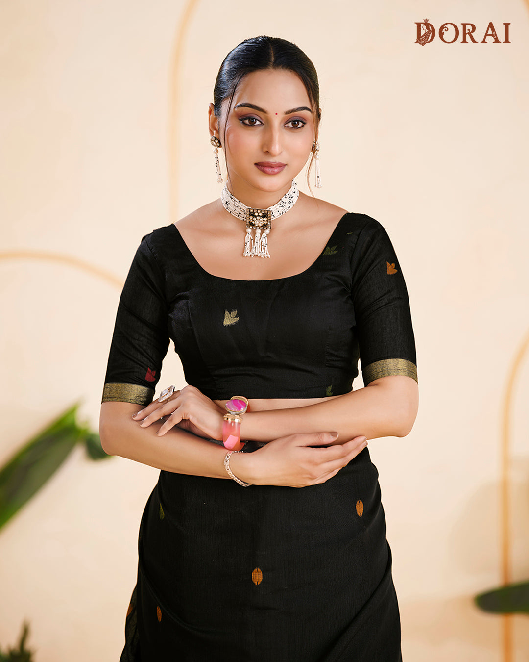 Deep Black Jamdani Muga Cotton Saree | Vibrant Woven Oragana Pallu Design