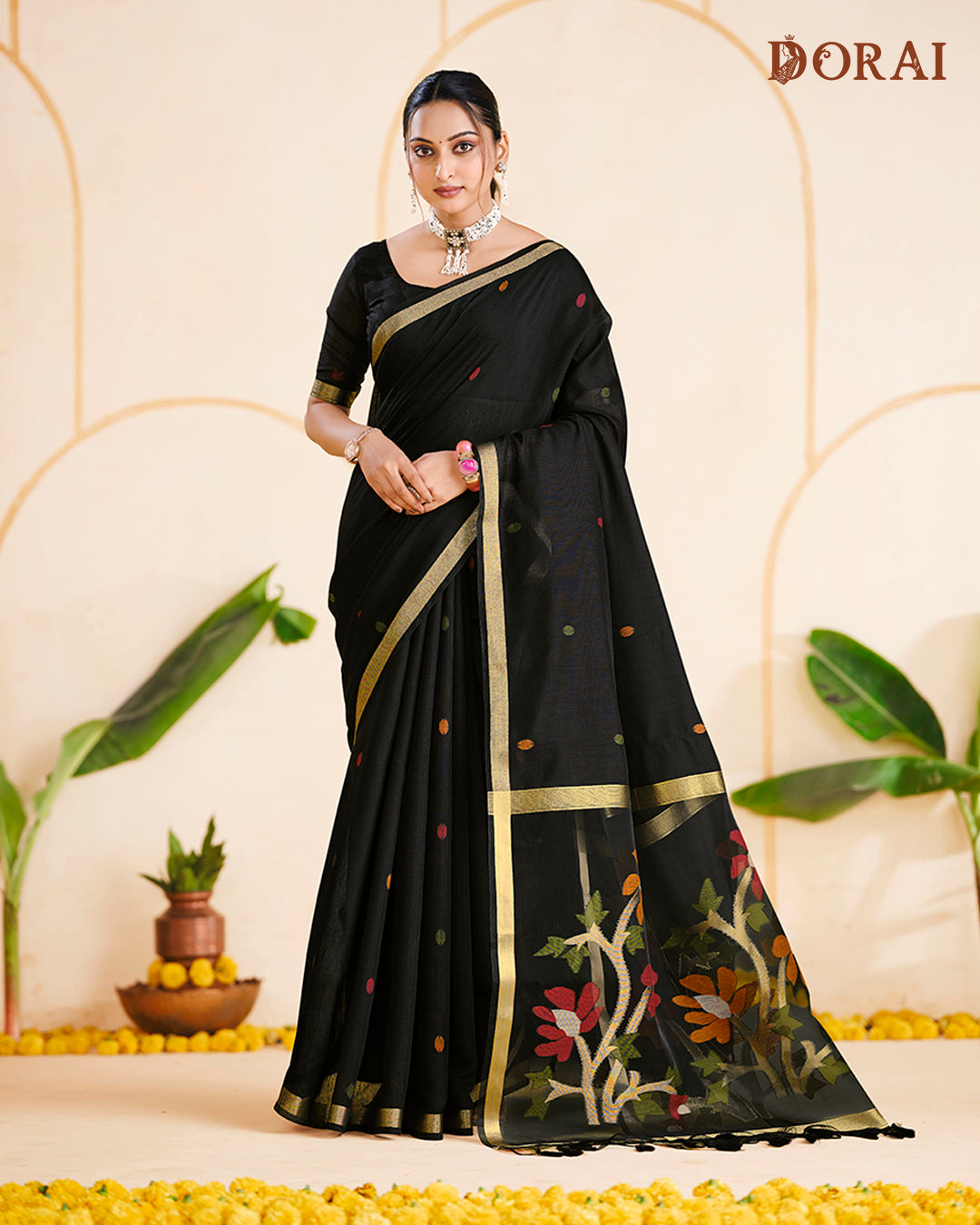 Deep Black Jamdani Muga Cotton Saree | Vibrant Woven Oragana Pallu Design