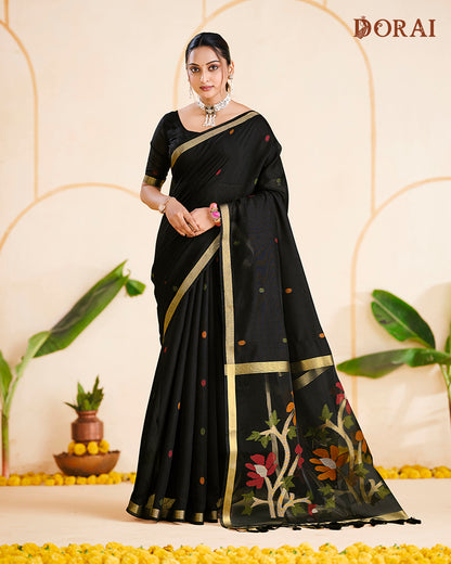 Deep Black Jamdani Muga Cotton Saree | Vibrant Woven Oragana Pallu Design