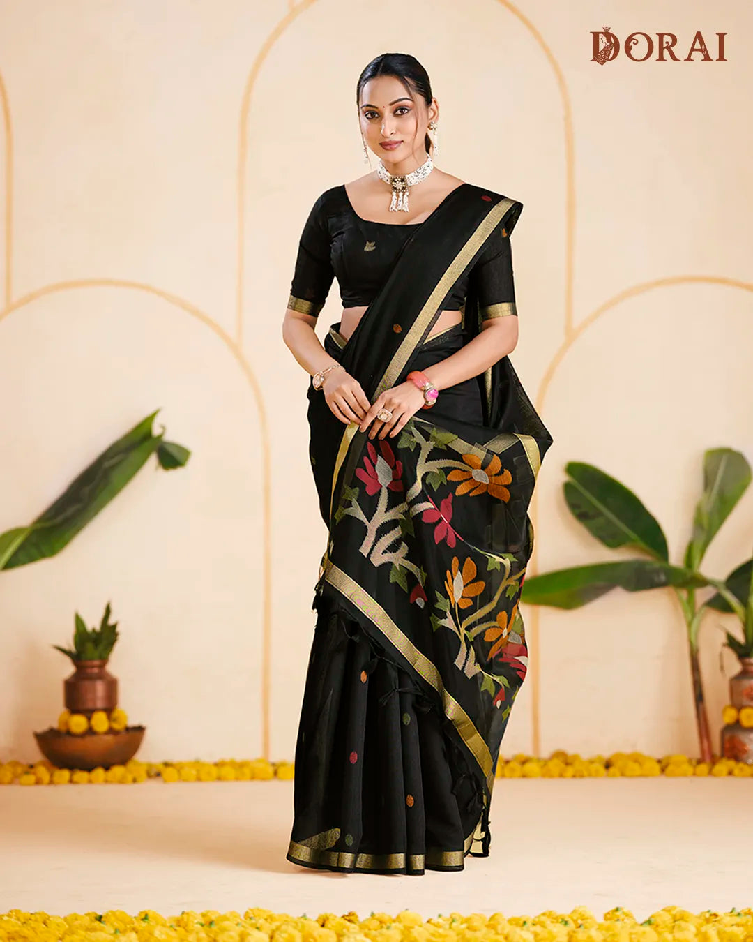 Black Floral Muga Cotton Saree with Organza Pallu and Zari Border