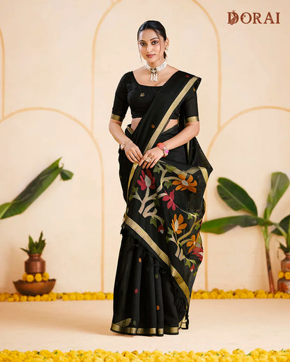 Black Floral Muga Cotton Saree with Organza Pallu and Zari Border