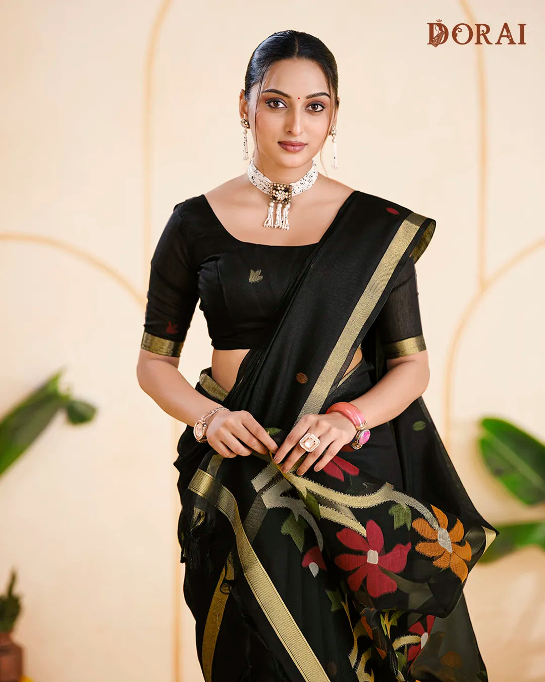 Black Floral Muga Cotton Saree with Organza Pallu and Zari Border