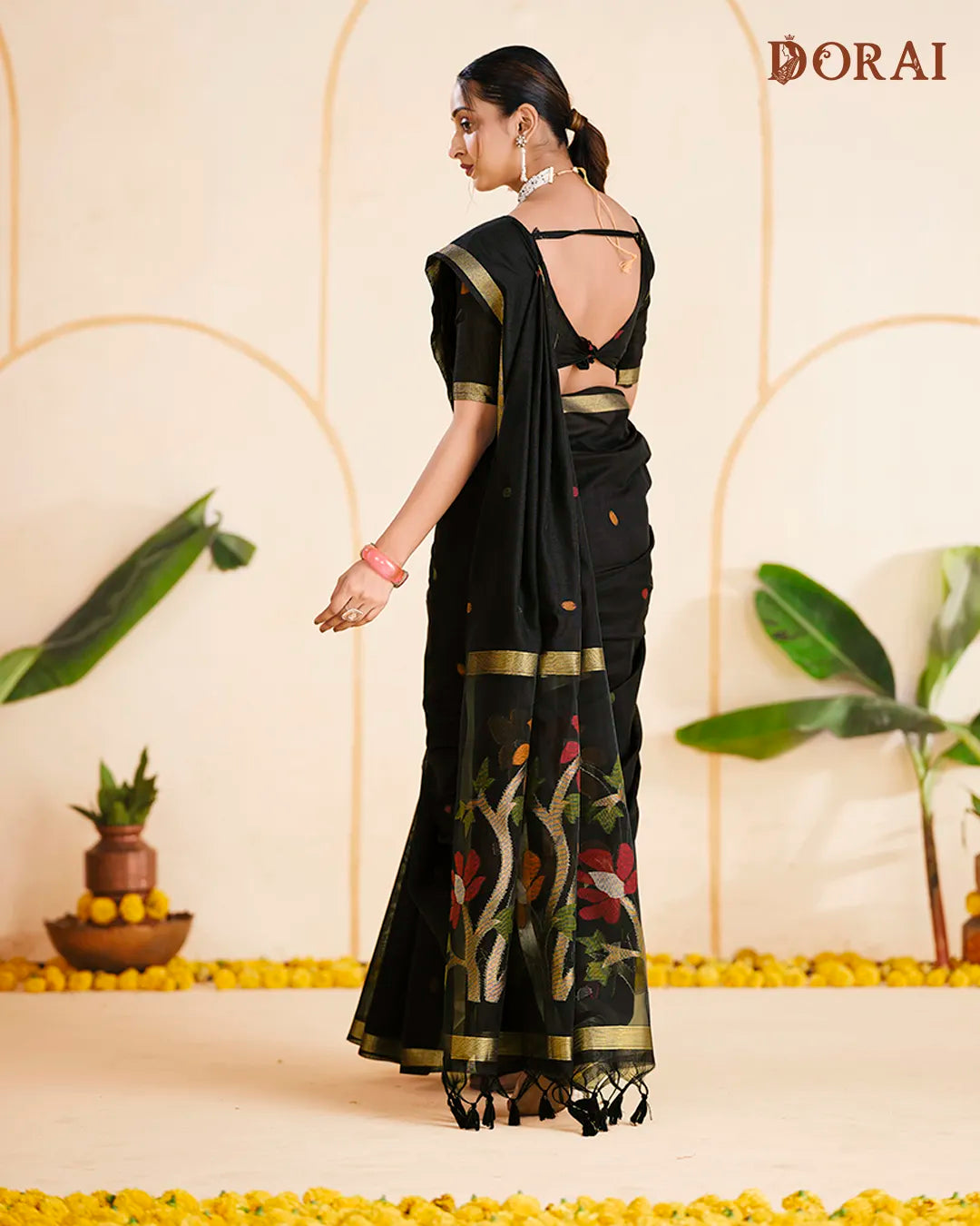 Black Floral Muga Cotton Saree with Organza Pallu and Zari Border